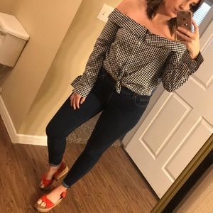 Off The Shoulder Gingham Tie-Waist Top